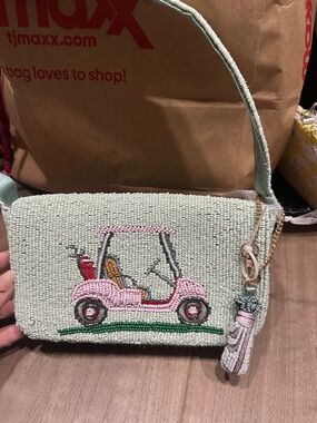Beaded Golf Cart Shoulder Bag in Mint and Pink